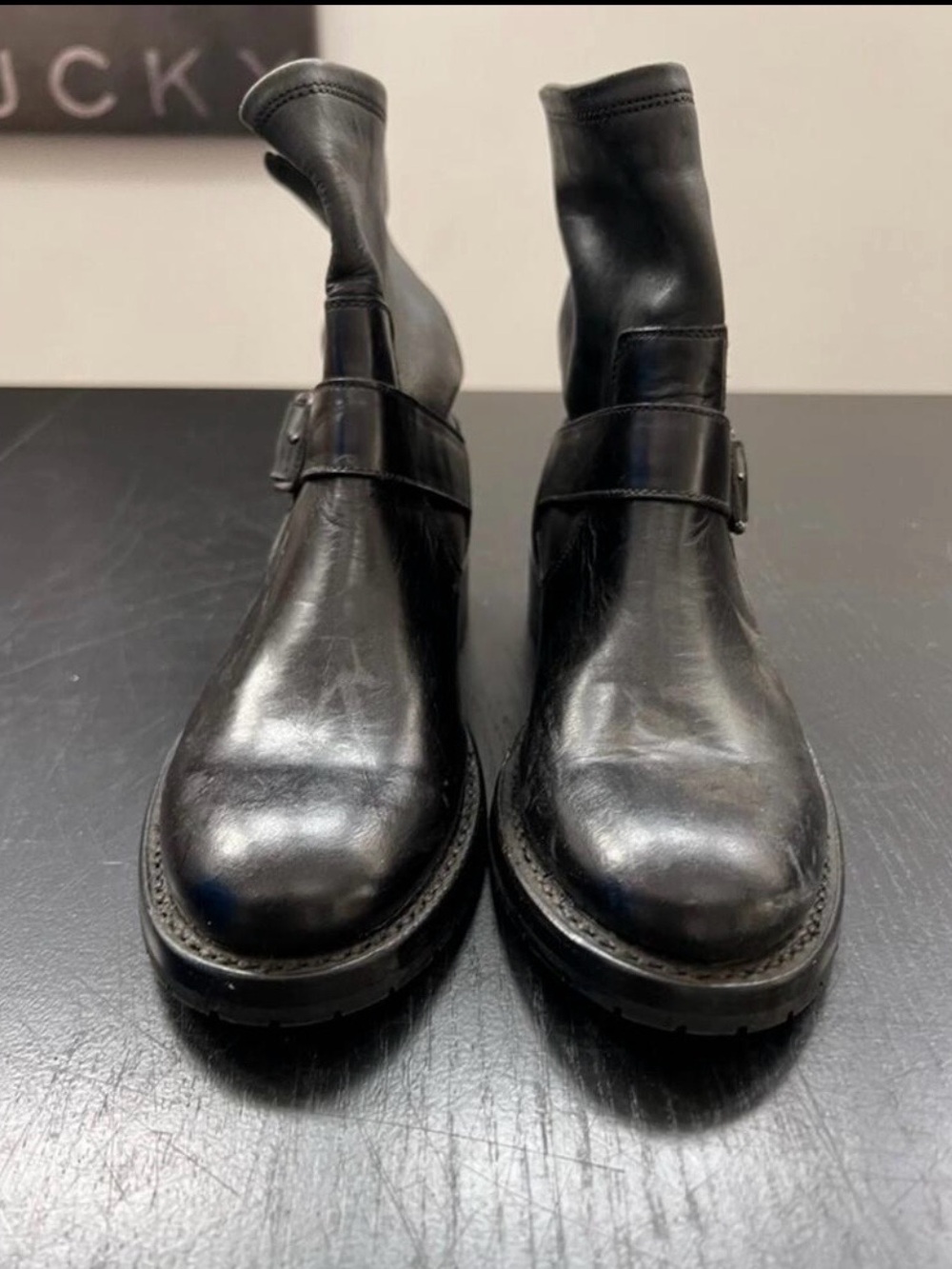 Frye Black Leather Short Engineer Boots with Buckle